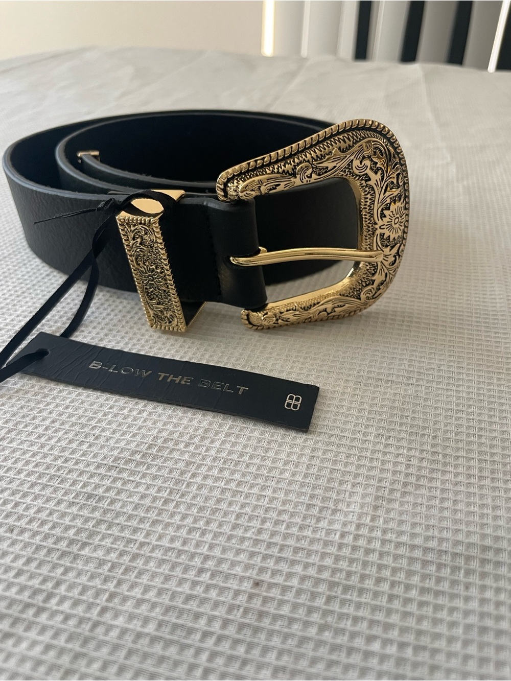 B-Low the Belt Black Leather Belt with Engraved Gold Buckle one size